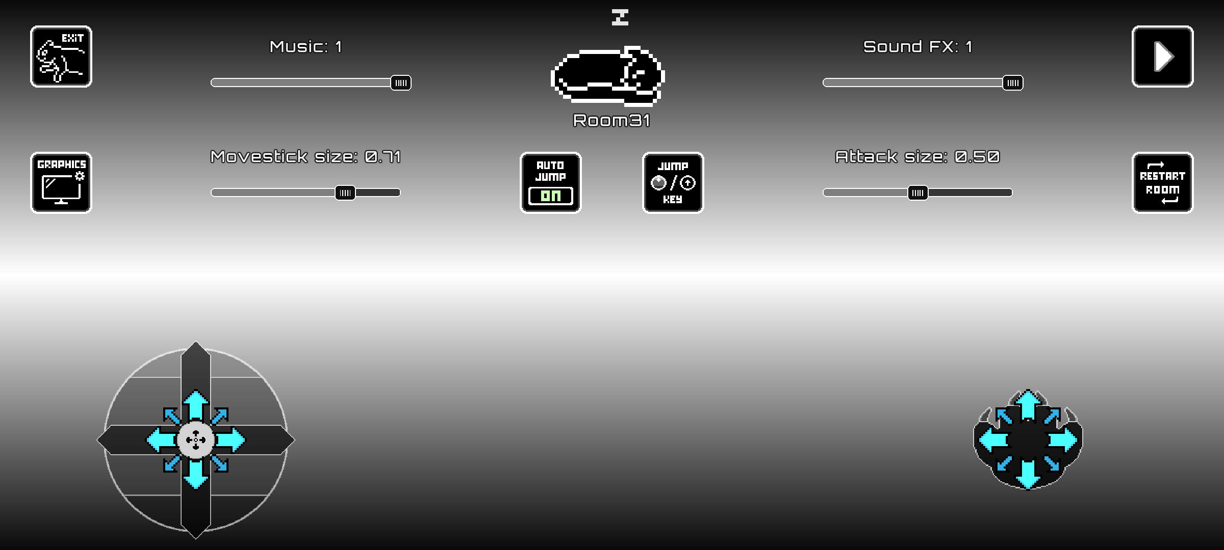 The pause menu with music, sound, and control size settings