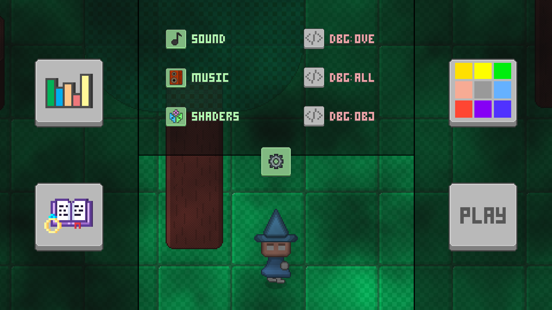A settings screen with sound, music, and control-size sliders around a wizard character