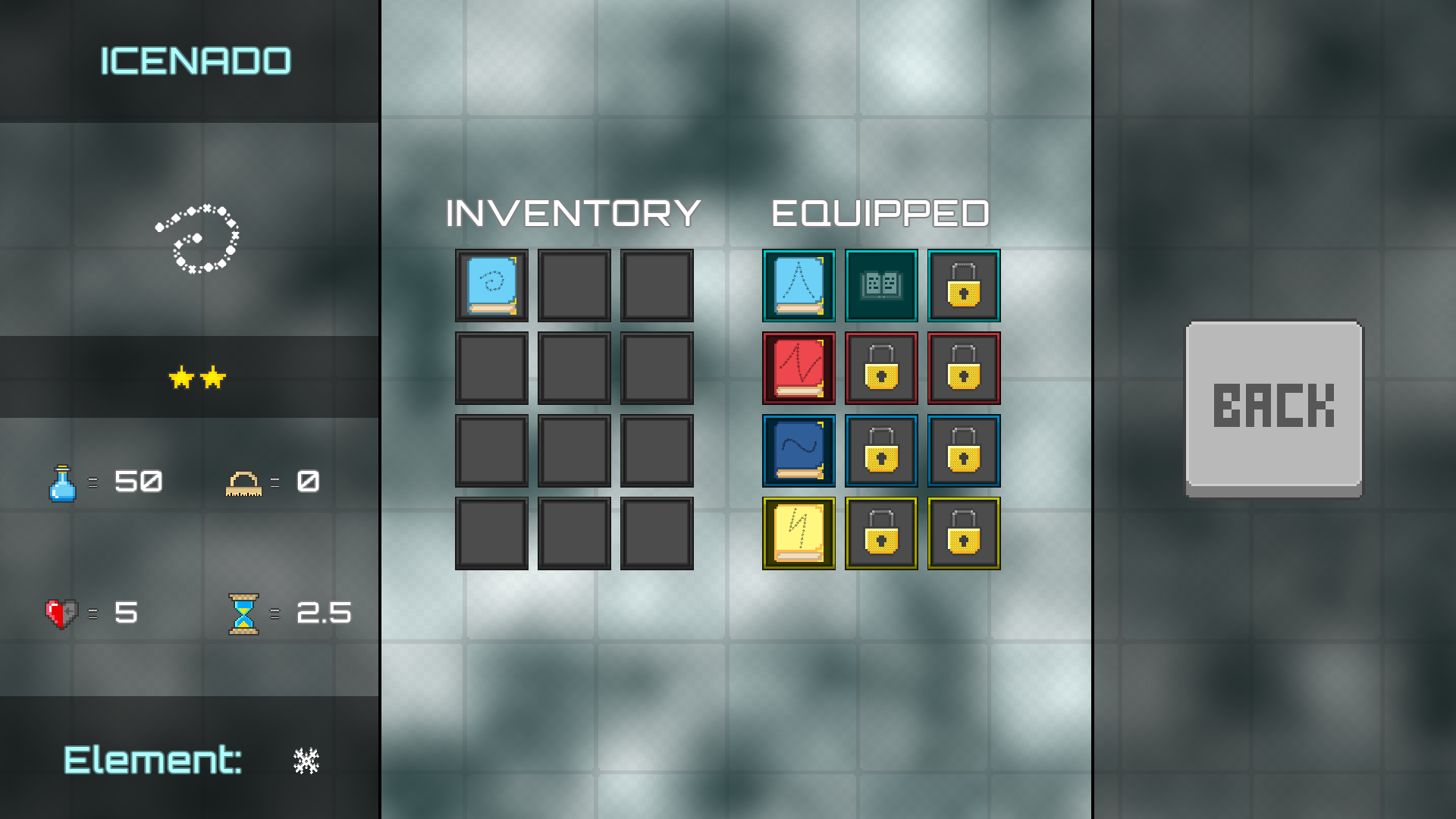 A spell inventory screen titled ICENADO with equipped gear slots