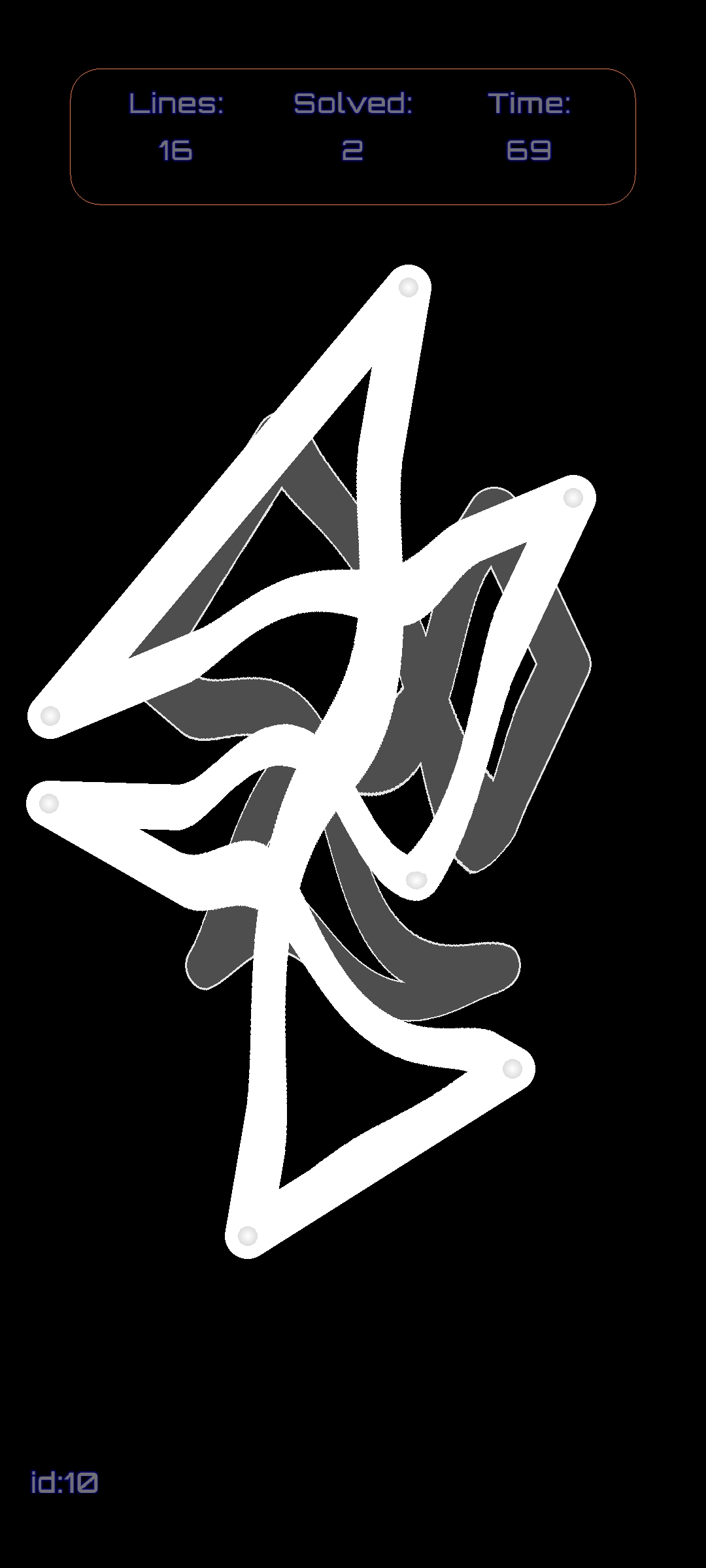 A tangled puzzle mid-solve, showing lines solved and a timer