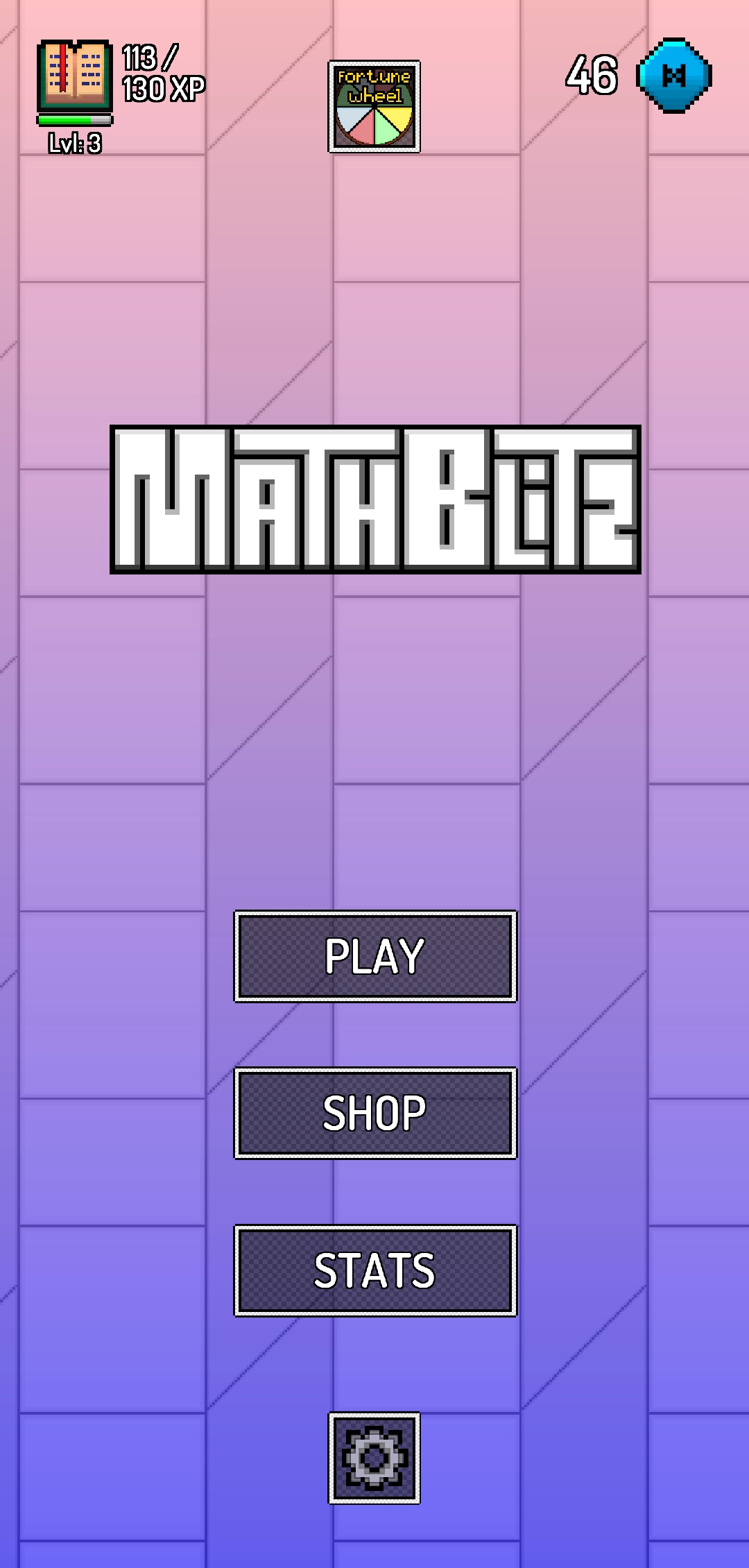 The MathBlitz main menu with play, shop, and stats buttons