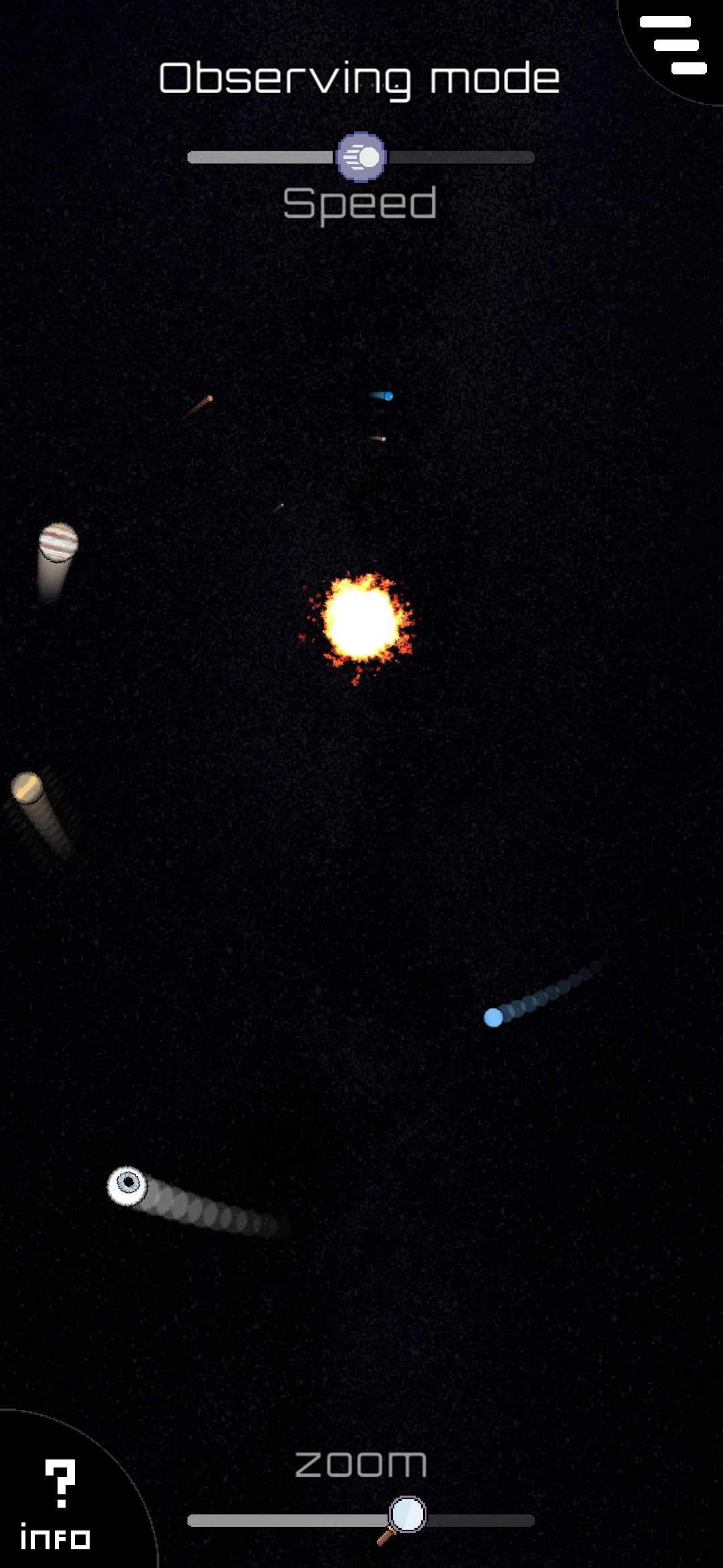 Observing mode, watching particles drift through space with speed and zoom sliders