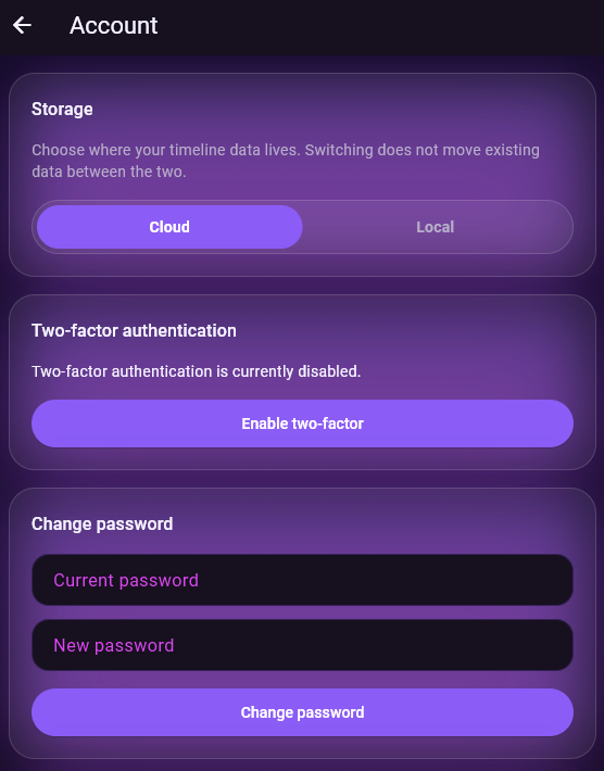 Account settings screen with storage location, two-factor authentication, and password change options