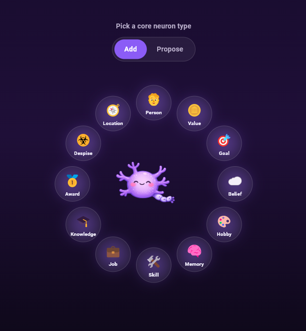 An action wheel for picking a persona type when adding a new entry