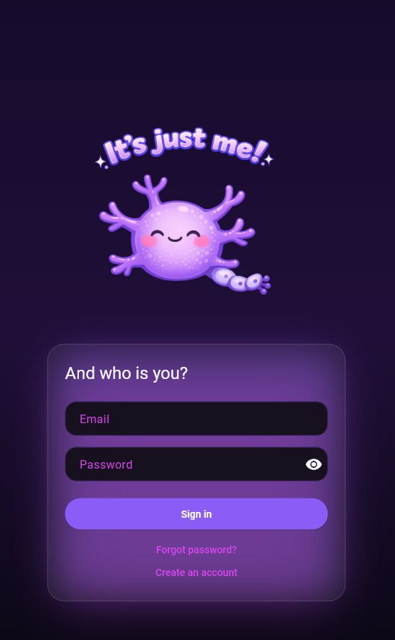 ItsJustMe sign-in screen with the neuron mascot and email/password fields