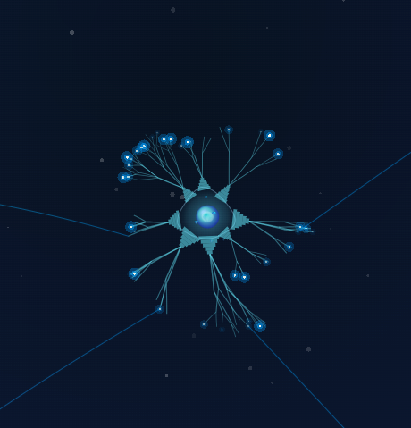 A neuron at the center of several long connecting lines that stretch across the timeline